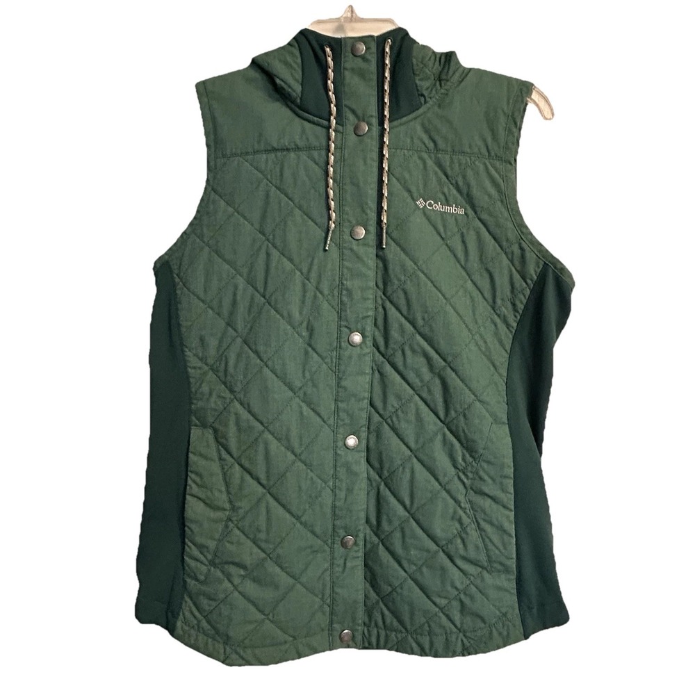 Columbia Quilted Hooded Vest Women's Small Green‎ Snap Pockets Lined Insulated
